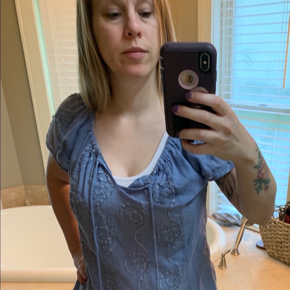 Boho gray blue peasant top with drawstring neck